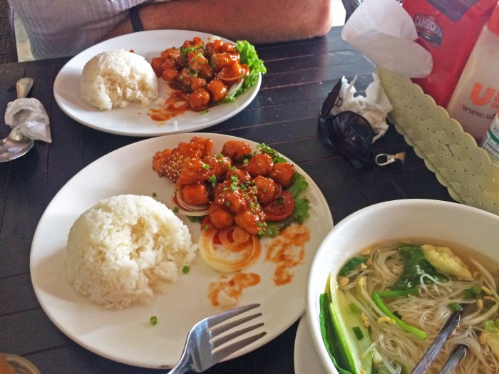 two dishes of cambodian honey chicken